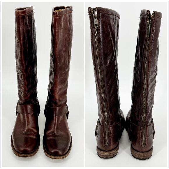FRYE Phillip Harness Tall Riding Boots Womens 6.5 B Brown Leather 76850 Zip Back - Picture 2 of 9